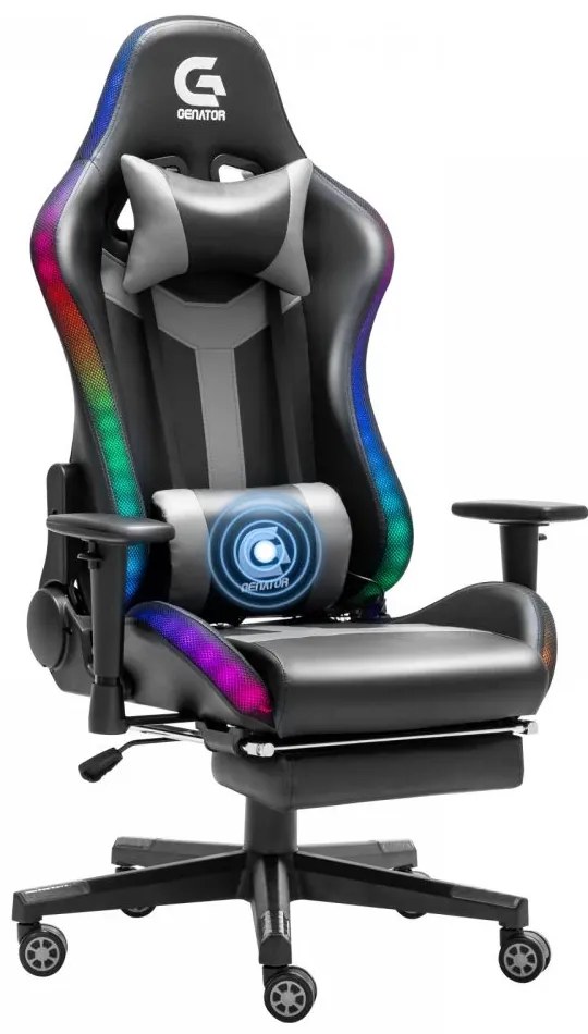 RESIGILAT- Scaun gaming, sistem iluminare bandă LED RGB, boxe bluetooth, masaj în perna lombara, funcție șezlong, 90-180 grade, suport picioare, SIG GS 024, Negru/Gri