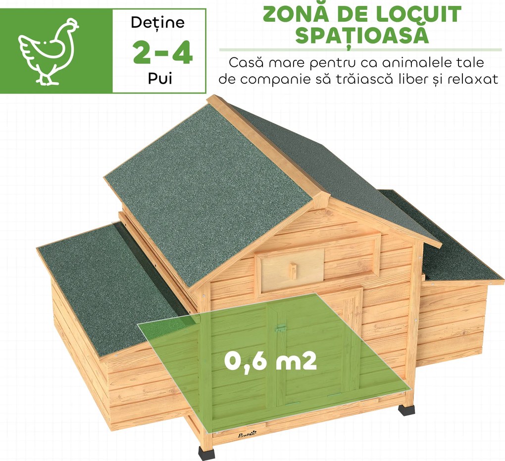 PawHut Coteț din Lemn cu 2 Căsuțe, Coteț pentru Găini de Exterior cu Acoperiș Impermeabil, Tavă Detașabilă și Bare, Adăpost pentru 2-4 Găini, Rațe, Grădină, 150x100x96,5 cm, Galben | Aosom Romania