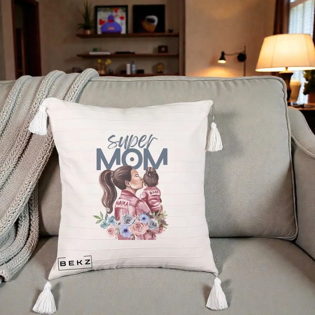 Cadou pentru Mama - Perna Personalizata Super Mom Mama cu Bebelusul, 40x40 cm, Bej cu Franjuri, Husa Detasabila, Perna Inclusa, BEKZ®