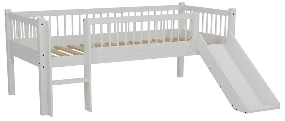 Pat pentru copii alb, înalt, din lemn de stejar, cu tobogan, cu somieră 90x200 cm Forrest – Vipack