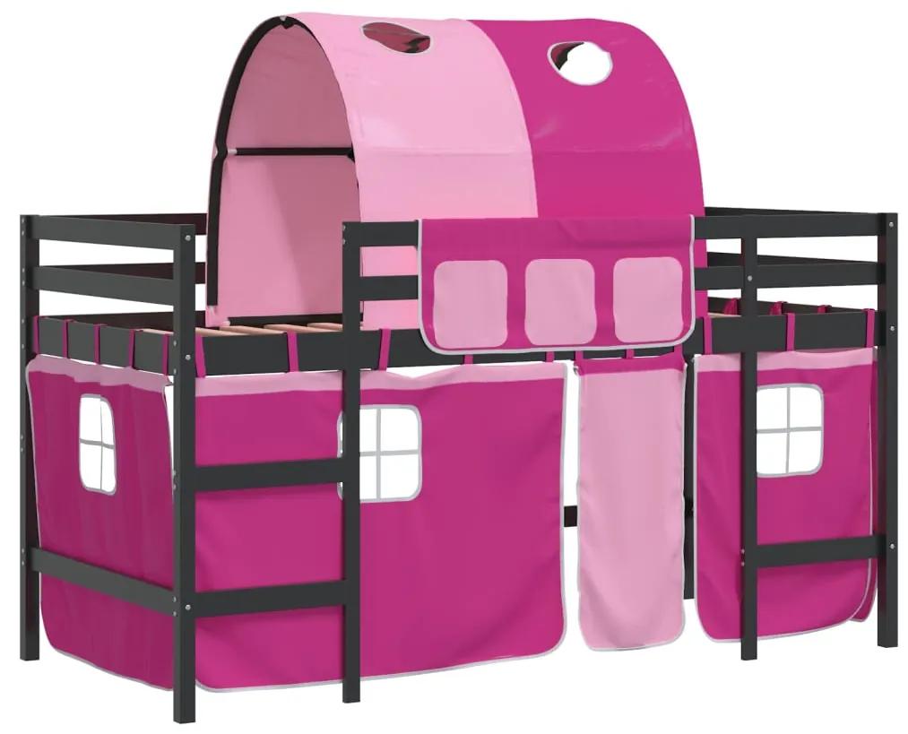 3206999 vidaXL Pat etajat de copii cu tunel, roz, 90x200 cm, lemn masiv pin