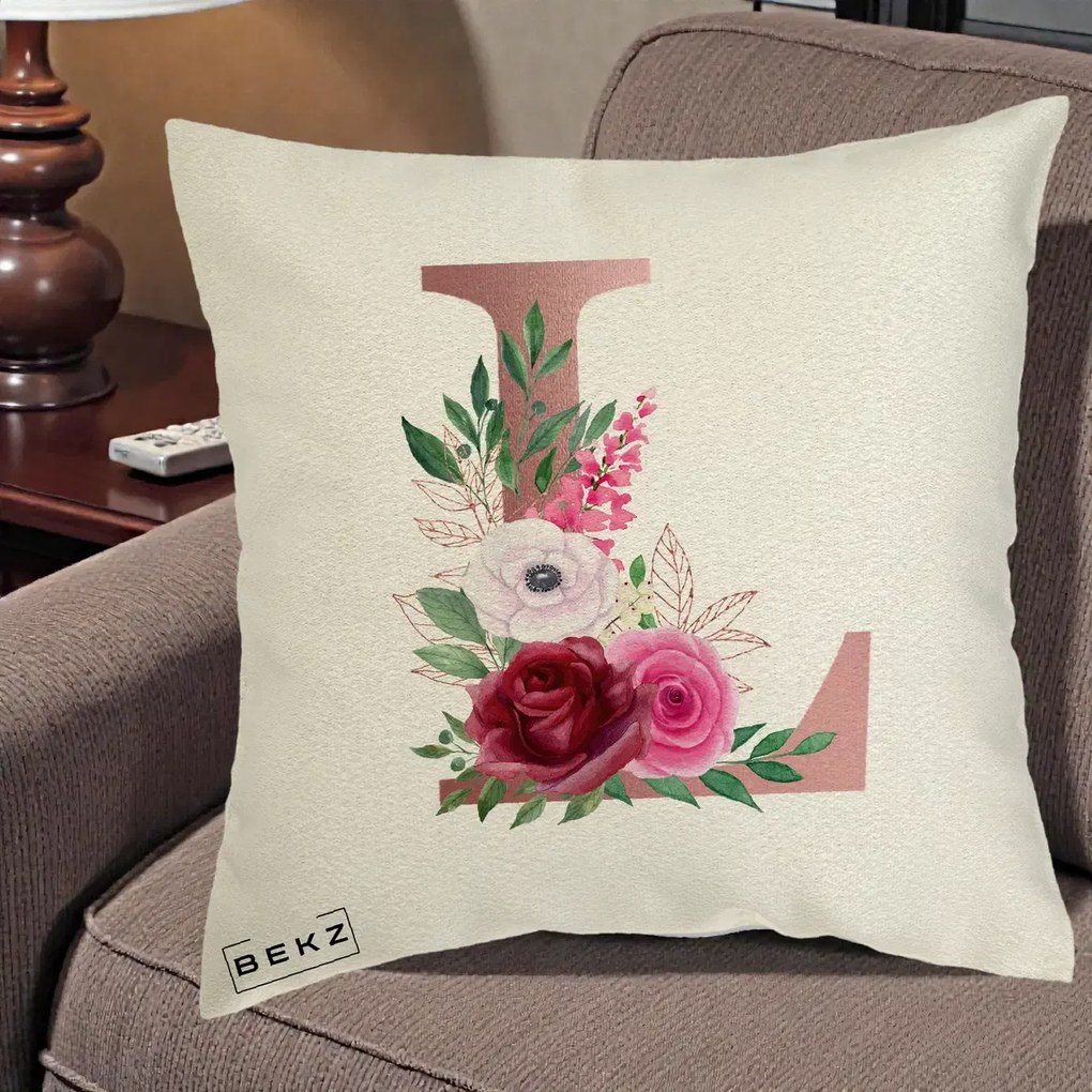 Cadou Personalizat - Perna Personalizata Monograma Rose Gold Litera L, 40x40 cm, Ecru, Husa Detasabila, Perna Inclusa, BEKZ®