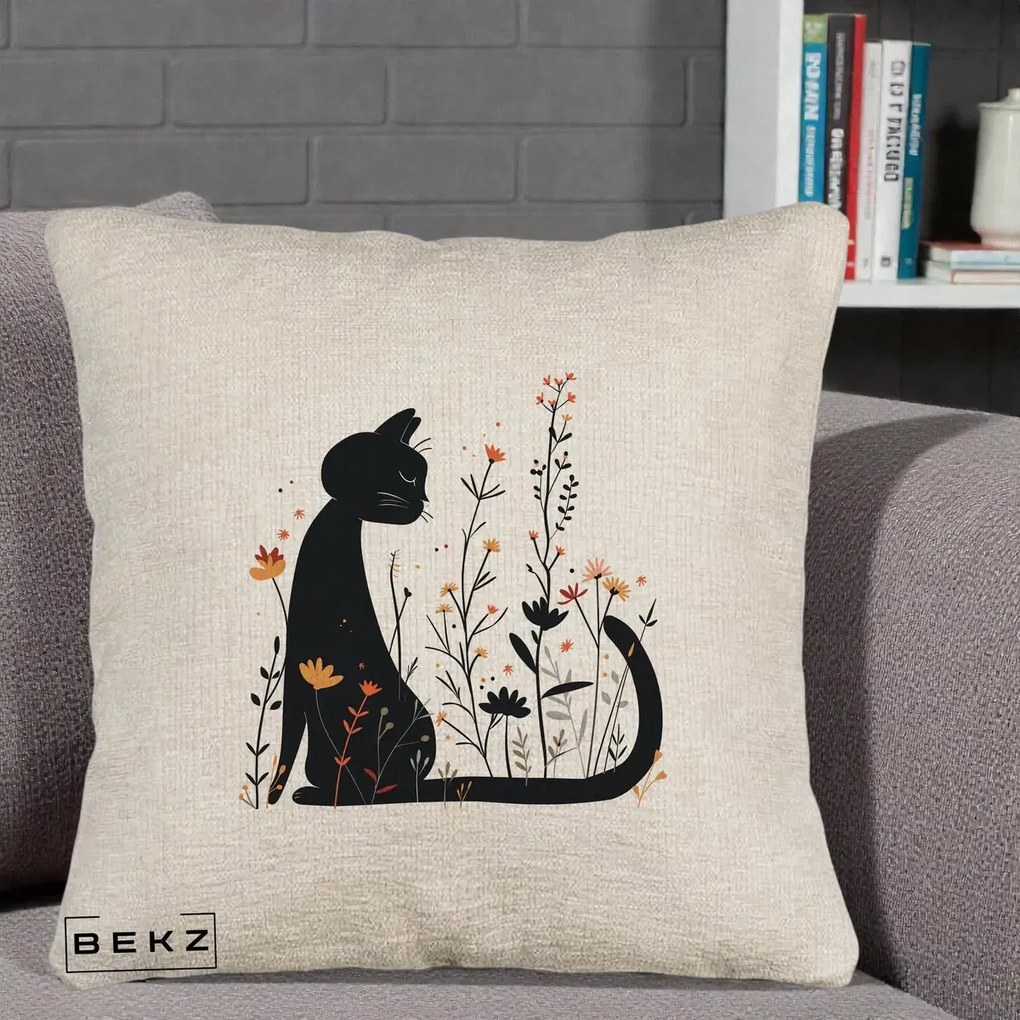Perna Decorativa Pisica Neagra Flori Portocalii Silueta, 40x40 cm, Bej Canapea, Husa Detasabila, Perna Inclusa, BEKZ®