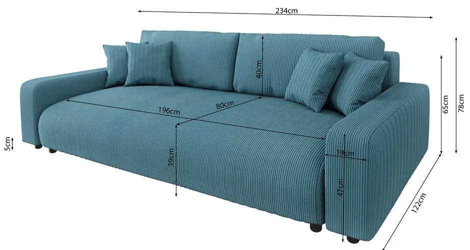 Canapea turcoaz extensibilă, cu spațiu de depozitare, cu tapițerie din catifea reiată 234 cm Sara – Ropez