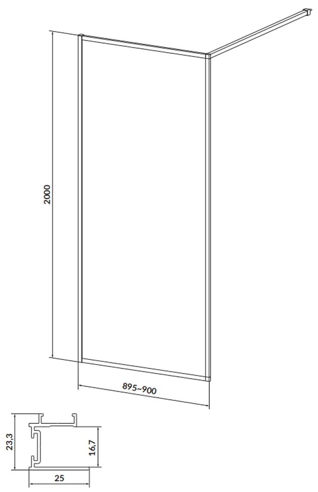 Perete de dus Walk-In, 90x200 cm, crom sticla transparenta 900x2000 mm, Crom lucios