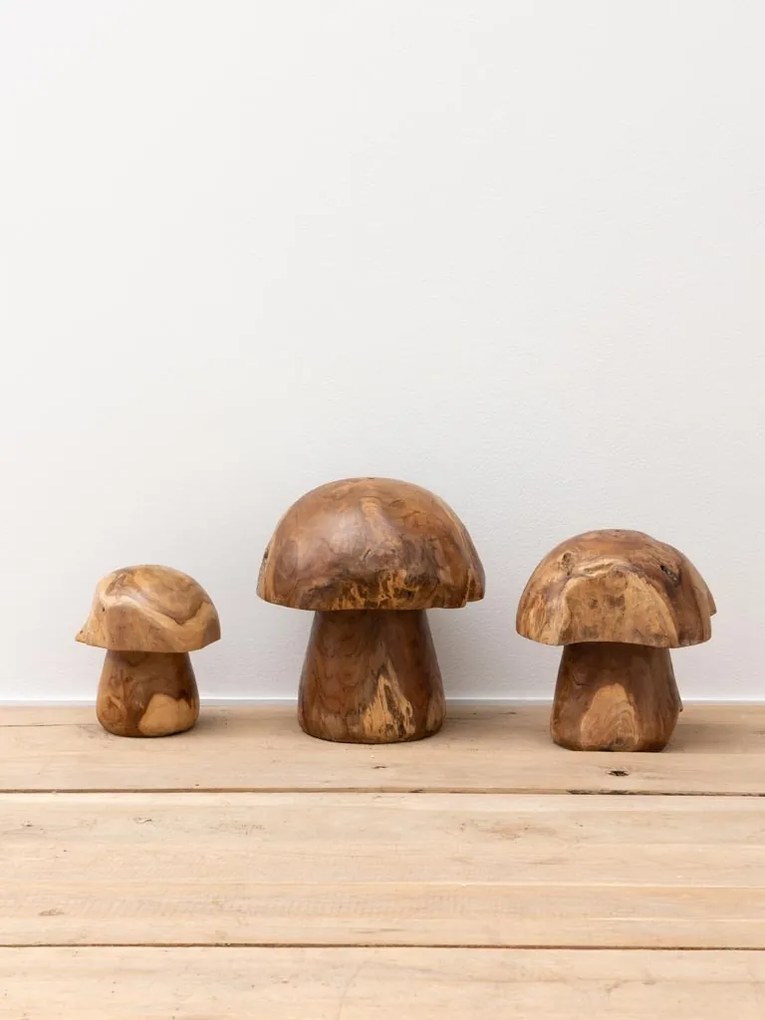 Set 3 decorațiuni ciuperci din lemn de tec pentru exterior, Ø35 cm