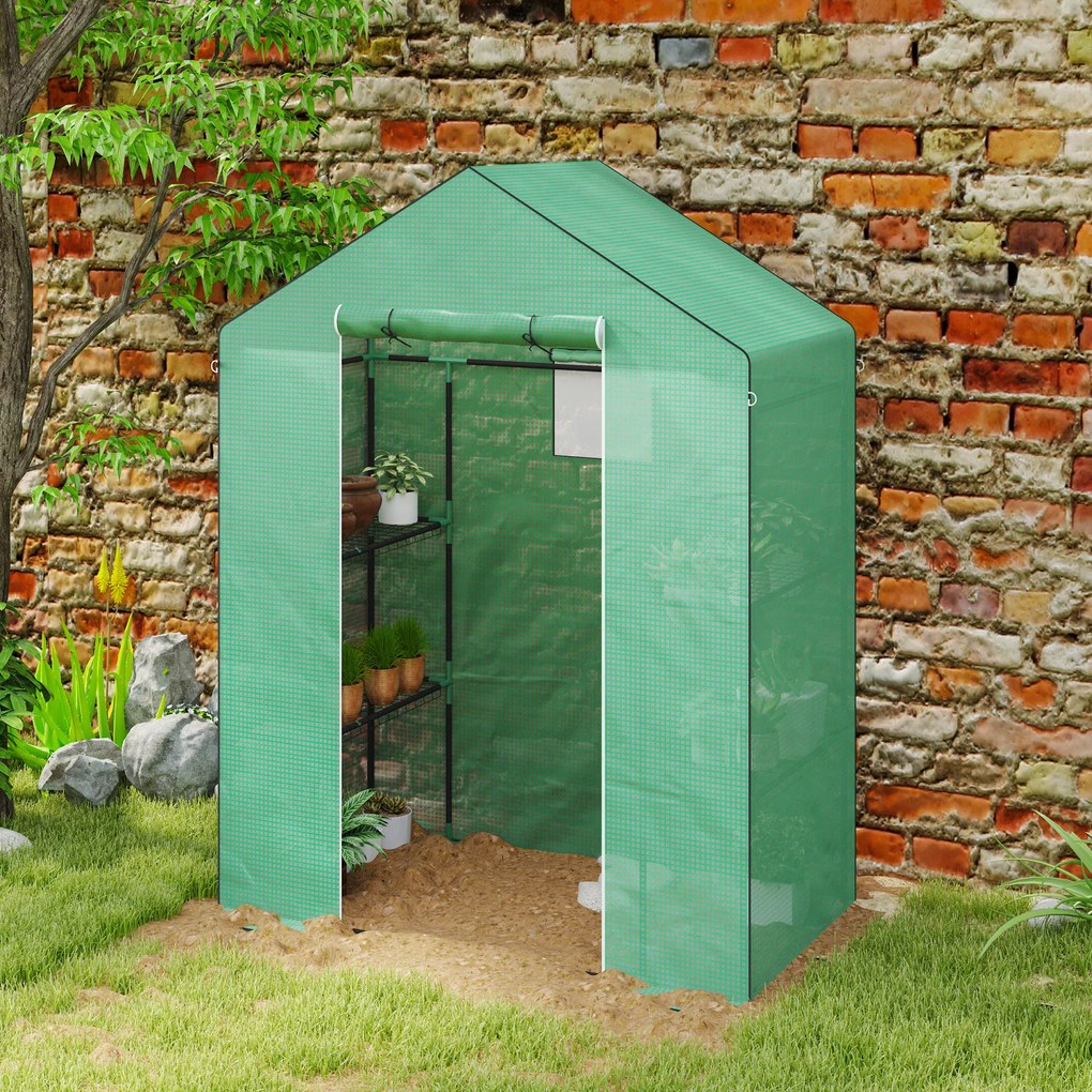 Outsunny Seră cu rafturi, Mini-seră, rezistentă la UV, fereastră de plasă, ușă cu fermoar, 143L x 74W x 190H cm, Verde | Aosom Romania