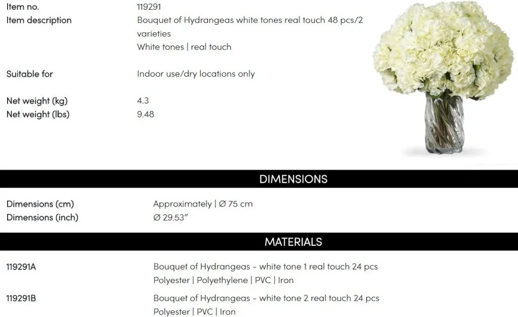 Buchet artificial LUX din 48 de hortensii albe, Hydrangeas