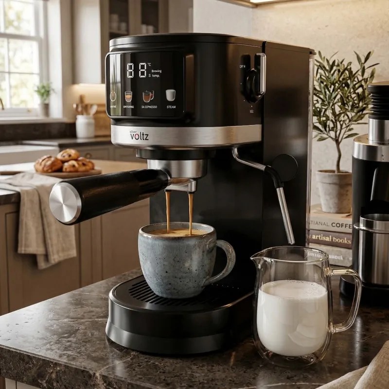 Espressor Oliver Voltz OV51171O, 1575 W, 20 bar, Disc Crema, Afisaj LED, Spumare lapte, Negru