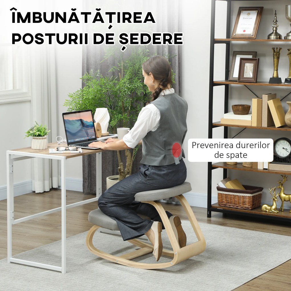 HOMCOM Scaun pentru genunchi cu balansare, din țesătură cu aspect de in și lemn, Gri | Aosom Romania