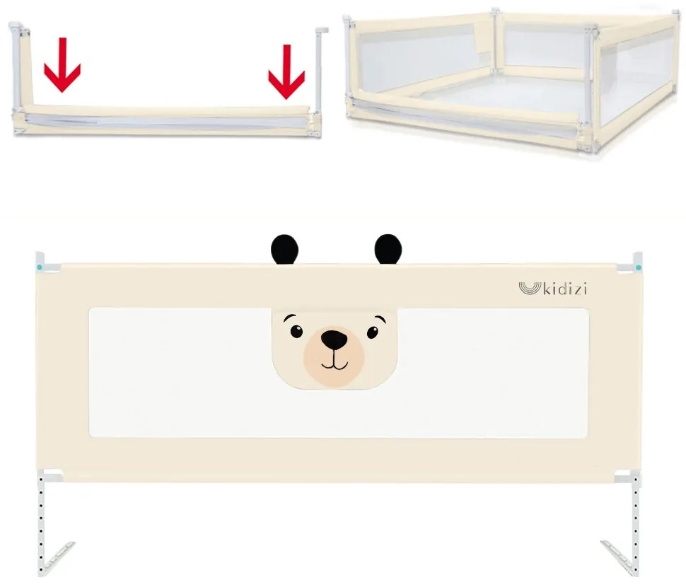 Bariera protectie pat culisanta cu buzunar XXL 200 cm Kidizi Funny Bear Beige, certificata EN71, inaltime reglabila 72-100 cm, model interconectabil