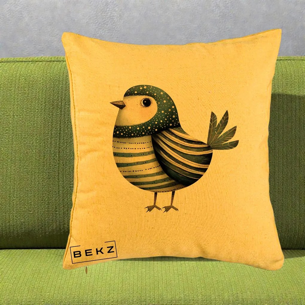 Perna Decorativa Pasare Teal Decorativa Dungata, 40x40 cm, Galben, Husa Detasabila, Perna Inclusa, BEKZ®