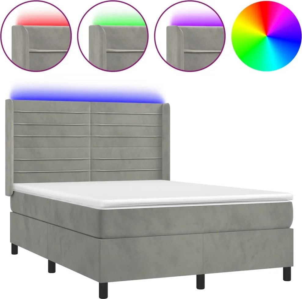 vidaXL Pat continental cu saltea și LED gri deschis 140x190 cm catifea