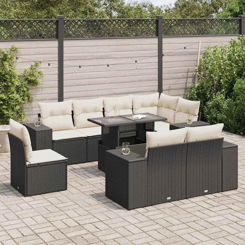 3326817 vidaXL Set mobilier de grădină cu perne, 9 piese, negru, poliratan