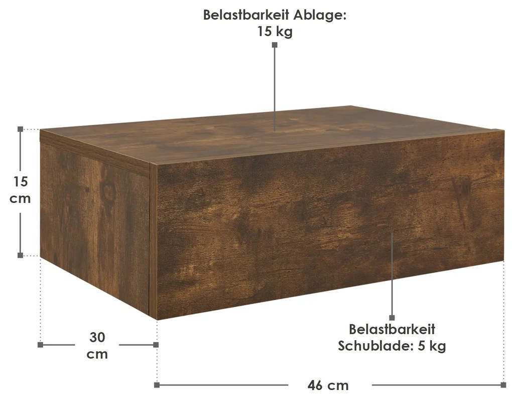 Noptiera montata pe perete 46x30x15 cm cu sertar, aspect lemn