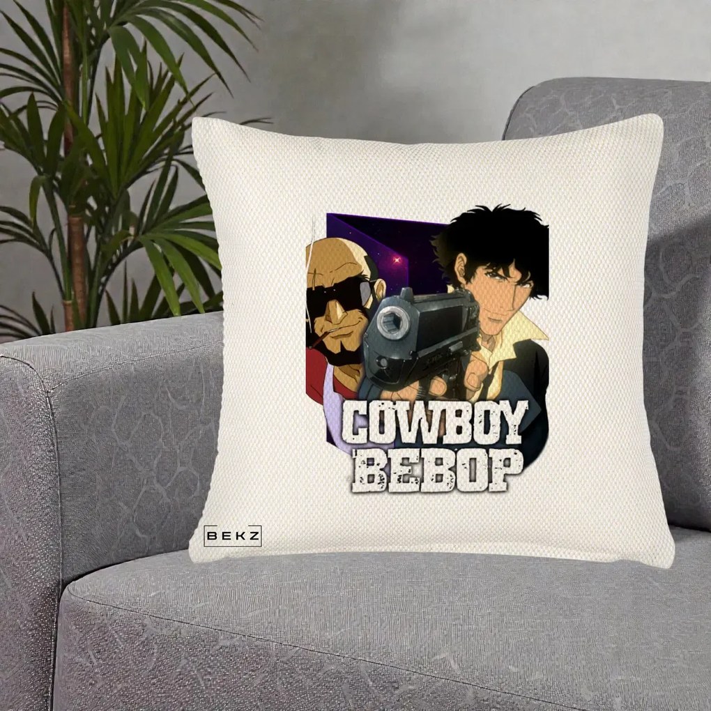 Perna Personalizata Cowboy Bebop Spike si Jet Poster, 40x40 cm, Crem Reliefat, Husa Detasabila, Perna Inclusa, BEKZ®