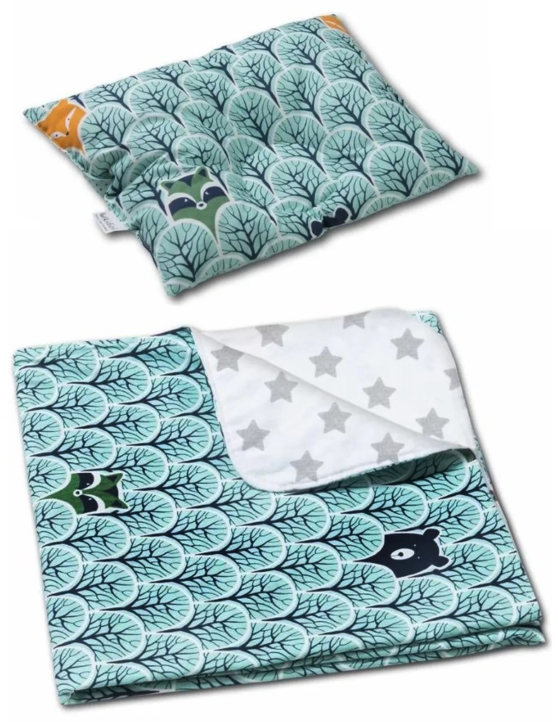Set paturica dubla din bumbac si flanel 100x75 si perna bebelusi contra plagiocefaliei Kidizi Animals Mint