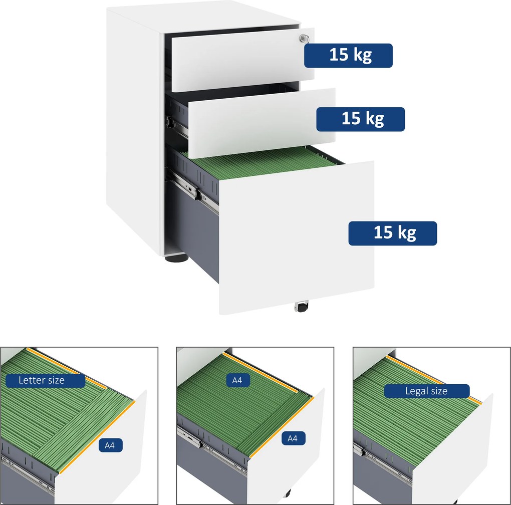 Vinsetto Fiset Metalic cu 3 Sertare și Sistem de Blocare, Mobilier de Birou pe Roti, 39x48x59cm, Design Compact, Alb | Aosom Romania