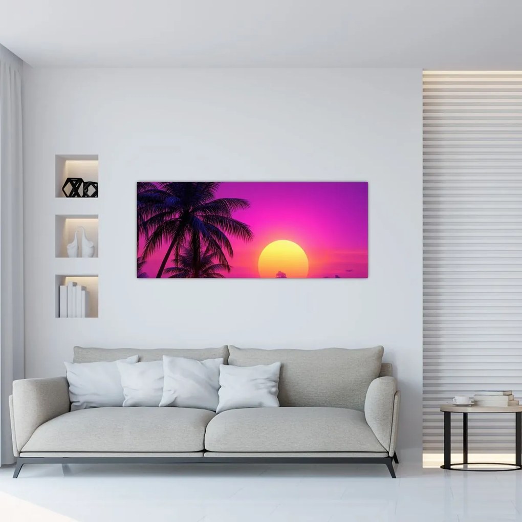 Tablou - Apus violet cu palmier (120x50 cm)