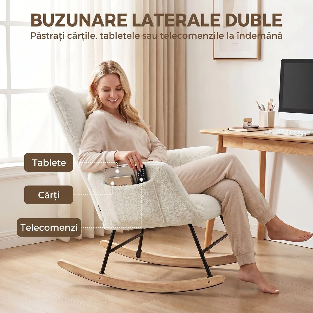 HOMCOM Scaun Balansoar Matlasat cu Buzunare Laterale, Alb Crem | Aosom Romania