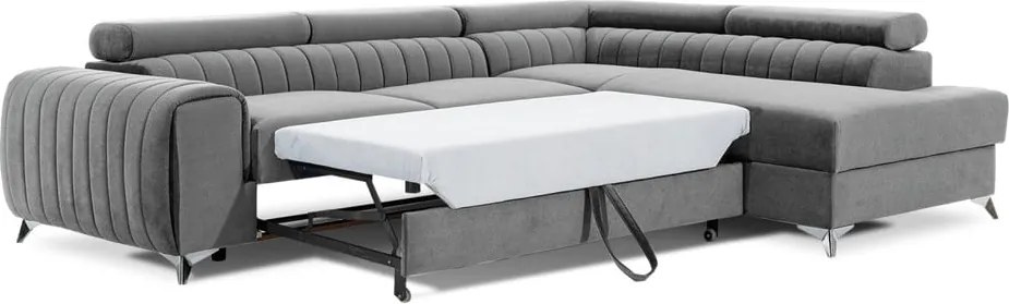 Colțar gri extensibil/cu spațiu de depozitare cu tapițerie din catifea (cu colț pe partea dreaptă/în formă de ”L”) Laurence – ELTAP