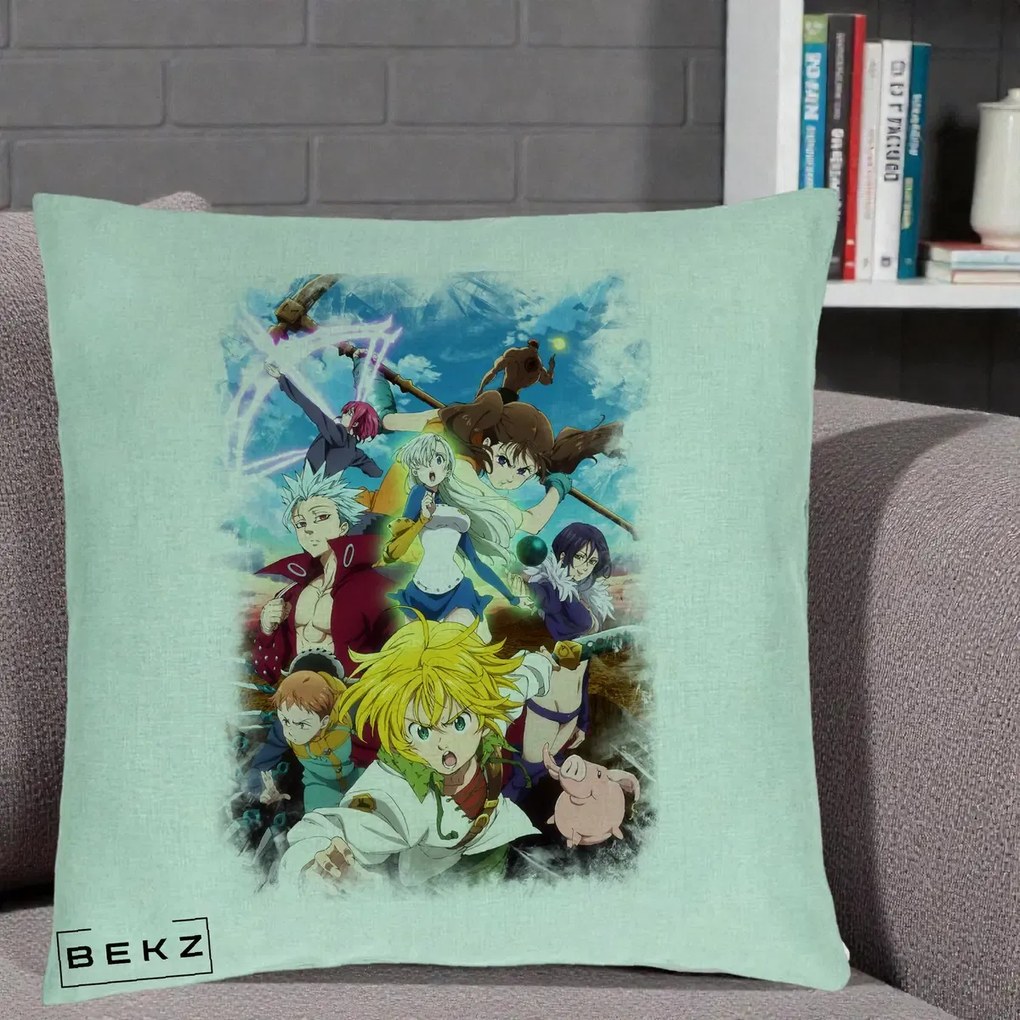 Perna Personalizata Nanatsu no Taizai Cele Sapte Pacate Mortale Anime, 40x40 cm, Verde Menta, Husa Detasabila, Perna Inclusa, BEKZ®