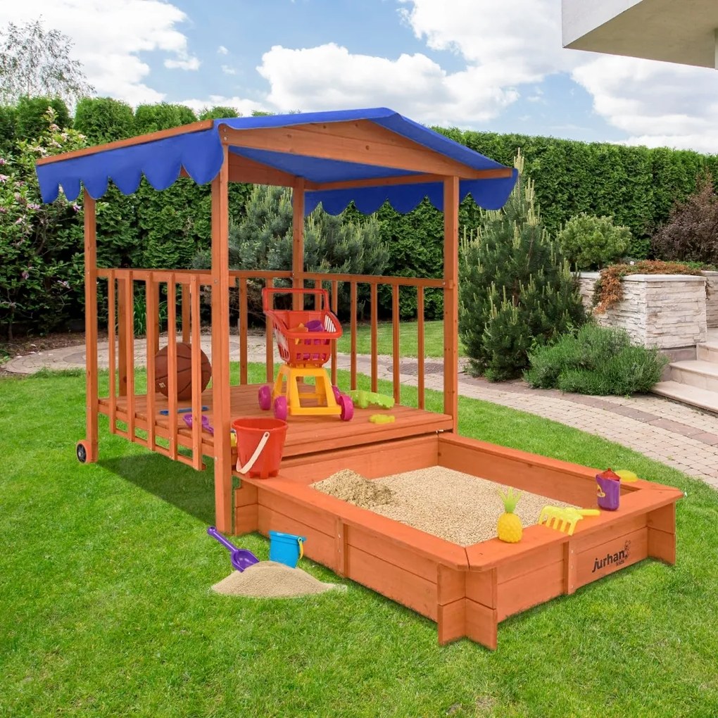 Groapa cu nisip cu verandă HAPPY, 130x130x143cm, maro/albastru Jurhan