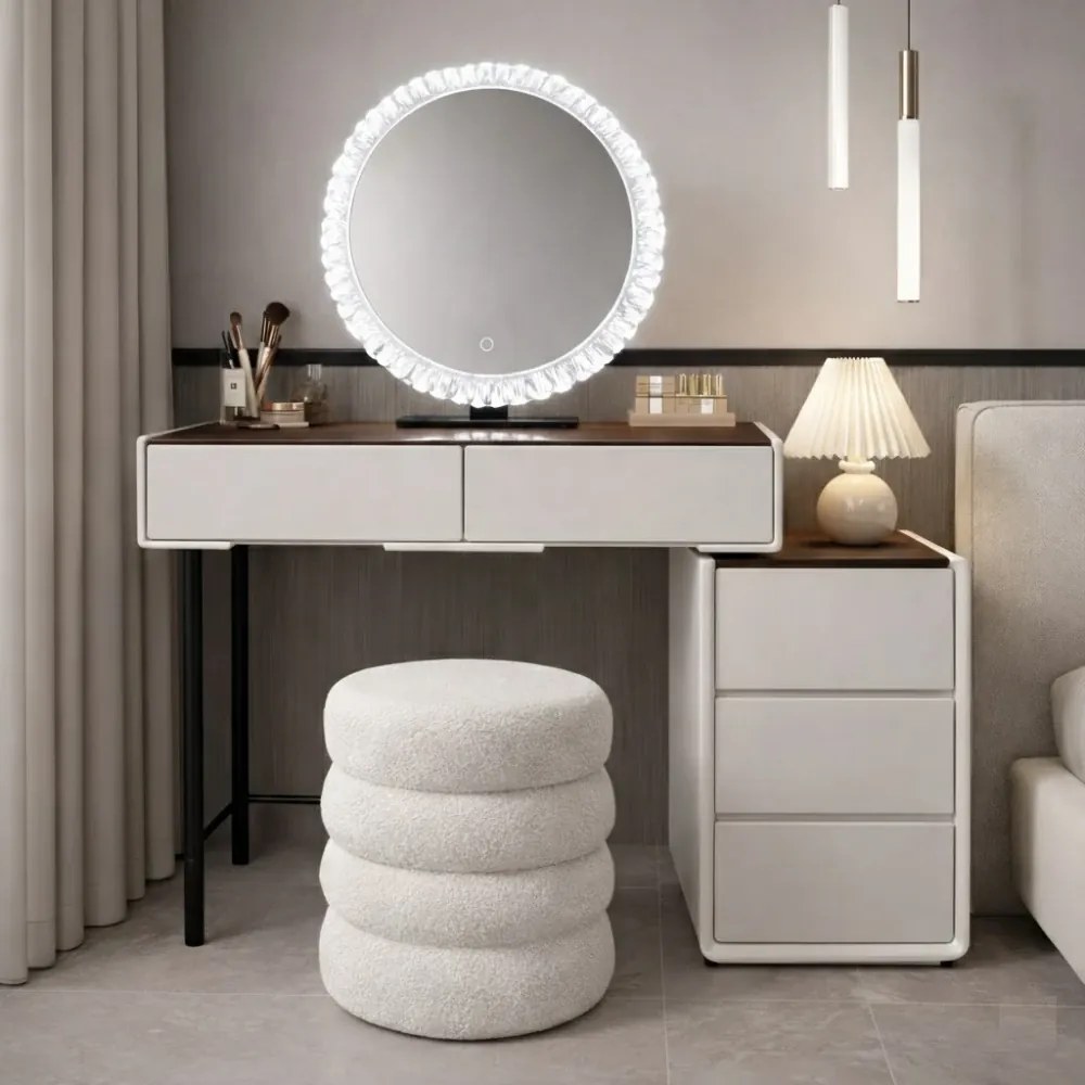 Set EMILY, Masă de toaletă pentru machiaj cu oglindă iluminată LED, în trei culori, intensitate reglabilă, control touch, comoda, taburet, 80 cm, Alb Ivory