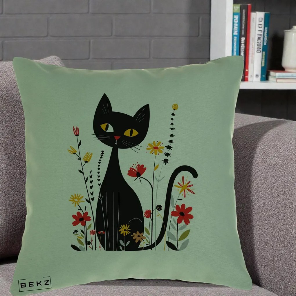 Perna Decorativa Pisica Neagra Ochi Galbeni Flori, 40x40 cm, Verde, Husa Detasabila, Perna Inclusa, BEKZ®