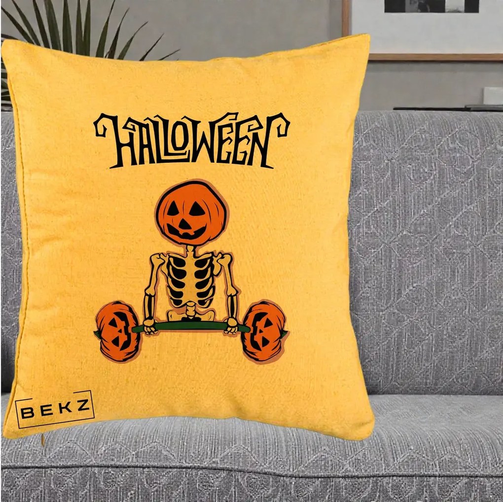 Perna Decorativa Halloween Schelet cu Cap de Dovleac Powerlifting, 40x40 cm, Galben, Husa Detasabila, Perna Inclusa, BEKZ®