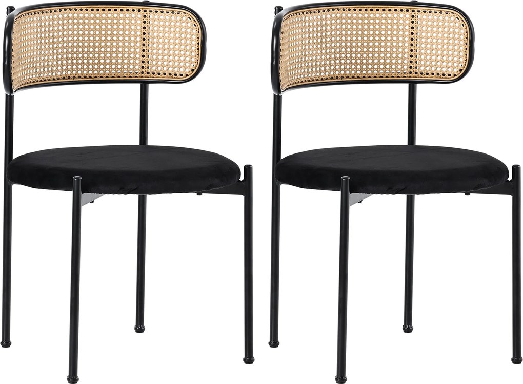 Set de 2 scaune de dining din țesătură cu efect de catifea, cu picioare din metal și spătar din ratan, 60x18x86 cm, Negru