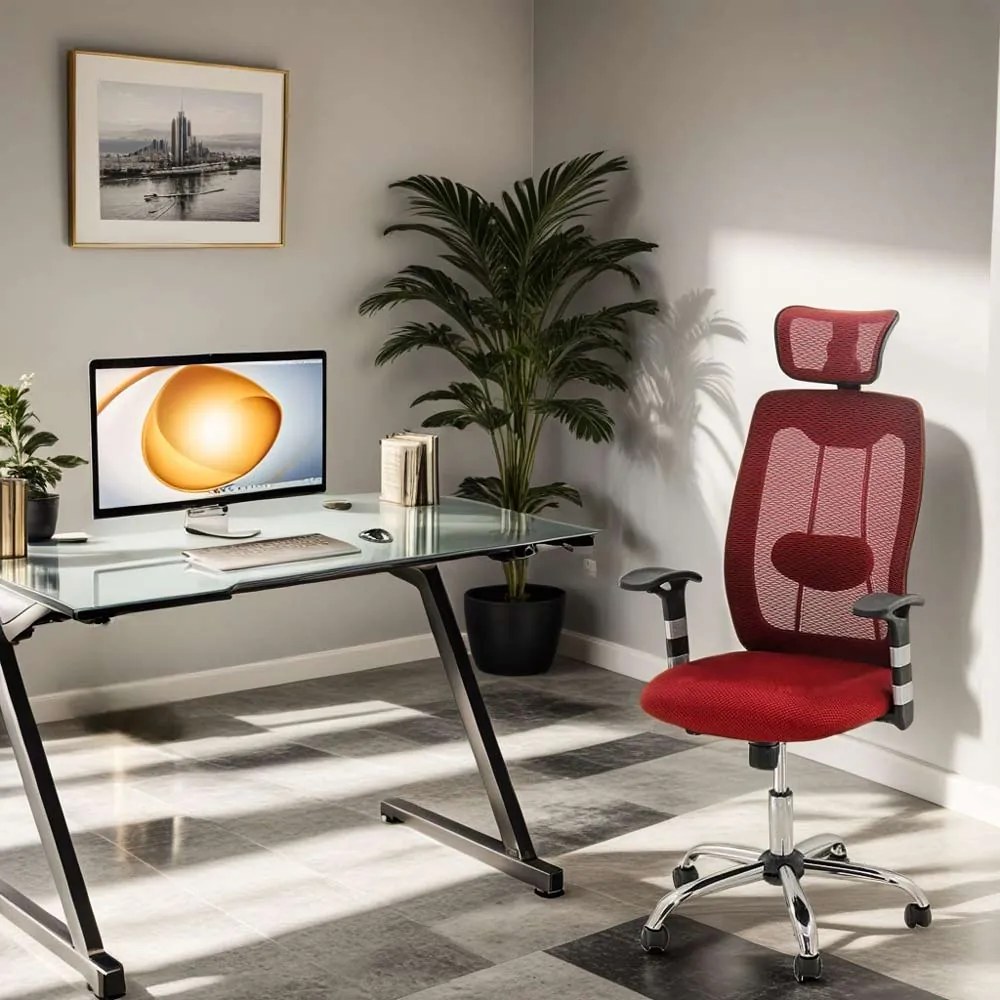 Scaun ergonomic OFF 988 vișiniu, tetieră și suport lombar reglabil