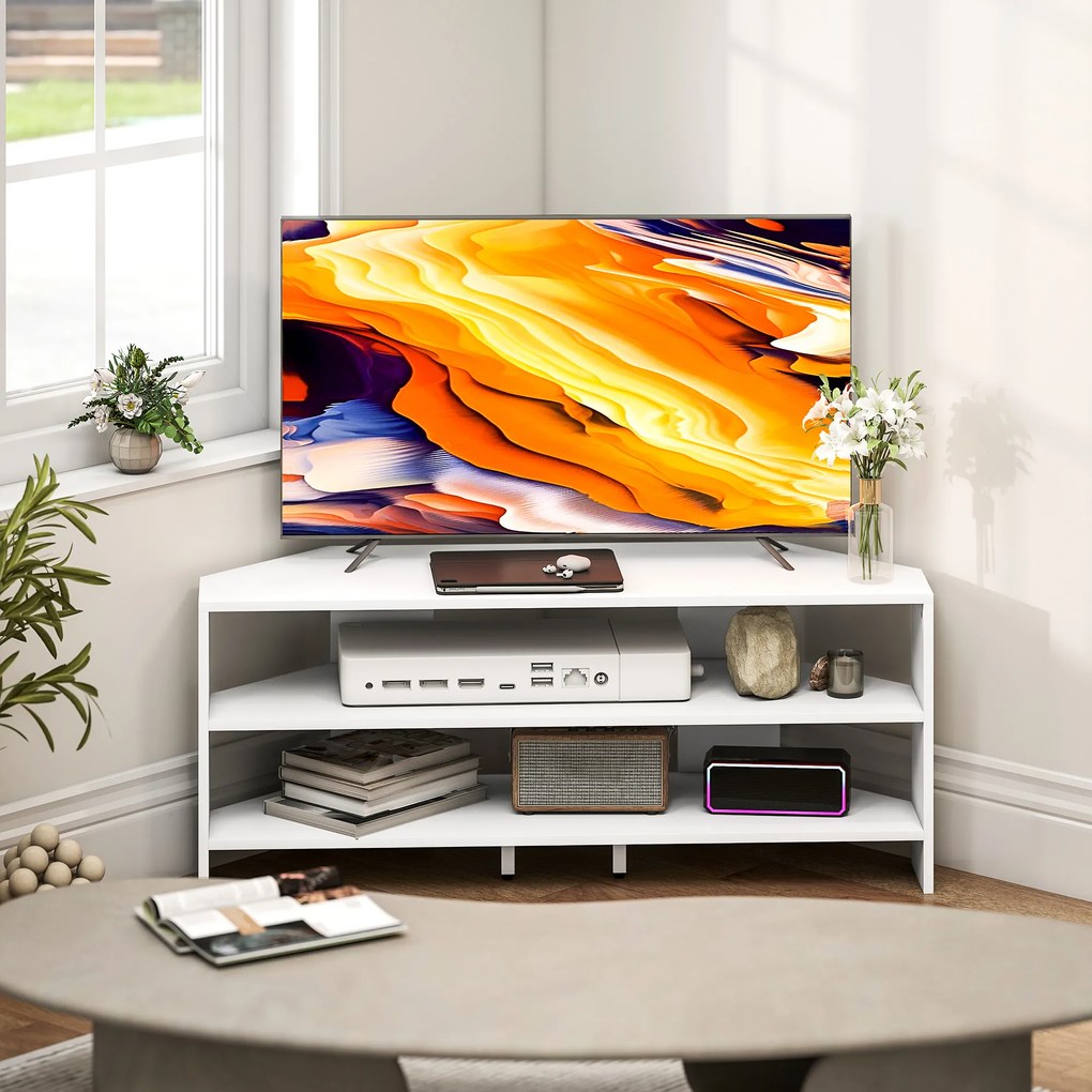 HOMCOM Comodă TV de Colț 47" max cu 2 Rafturi Deschise din Lemn Alb | Aosom Romania