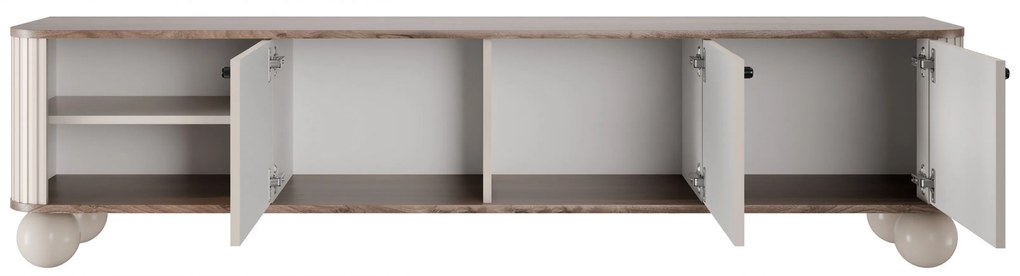 Comodă TV Vesper 187 cm cu trei uși - kaszmir / nuc / mânere negre / picioare sferice