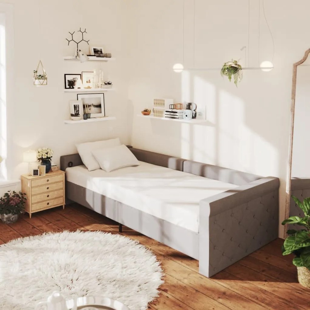 Pat de zi cu saltea si USB, gri deschis, 90x200 cm, textil Gri deschis