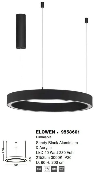 Lustra LED design circular ELOWEN negru, diametru 60cm