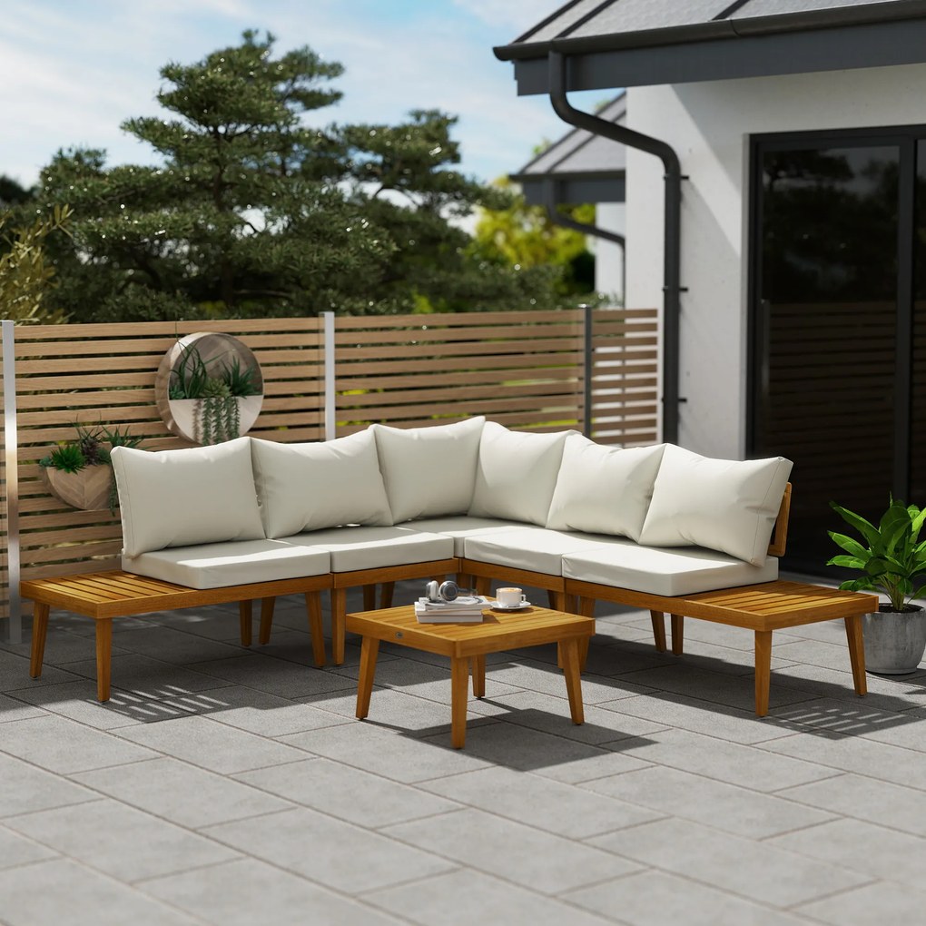 Outsunny Salon de grădină în aer liber, 5 locuri, modular din lemn de acacia, canapea unghiulară în aer liber cu masă de cafea și perne | Aosom Romania