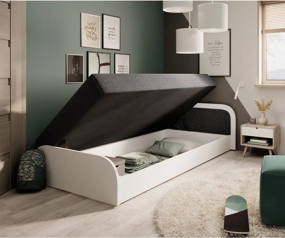 Pat alb/gri închis tapițat/din placă aglomerată de lemn cu spațiu de depozitare cu saltea 80x190 cm Parys – ELTAP