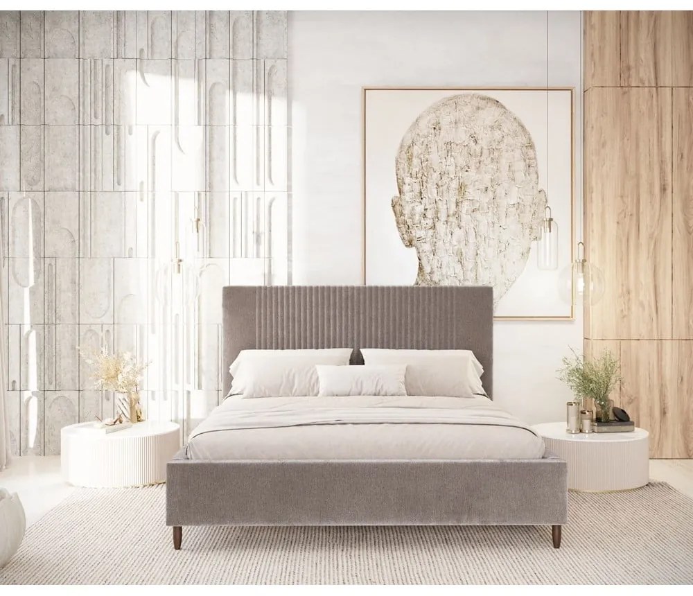 Pat matrimonial bej tapițat cu spațiu de depozitare cu somieră 180x200 cm Etero – Maison de Rêve