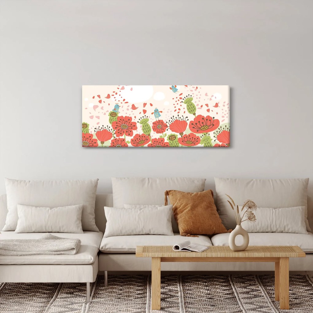 Tablou - Păsări pe o pajiște înflorită (120x50 cm)