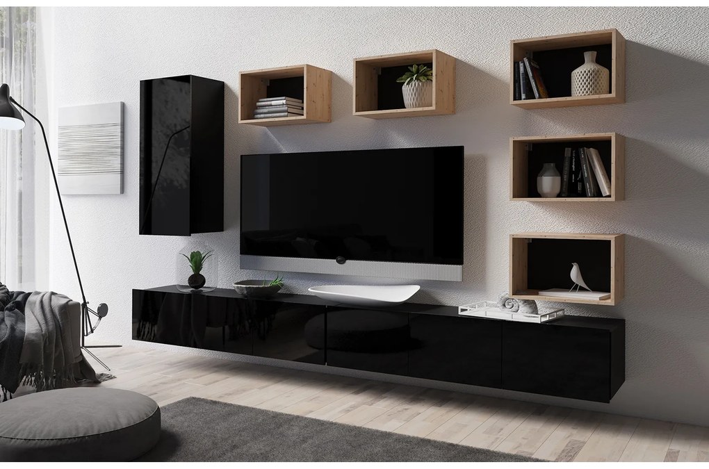 Mobilier living Calabria C37 BLACK (Negru + Stejar artisan) (fără iluminat). 1051585