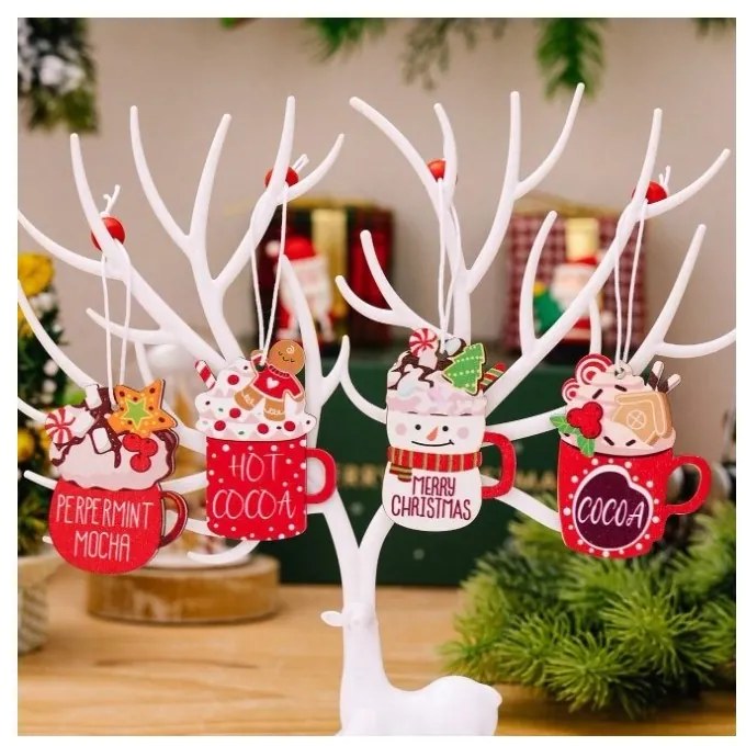 Set decoratiuni de Craciun din lemn HOT DRINKS, 12 buc