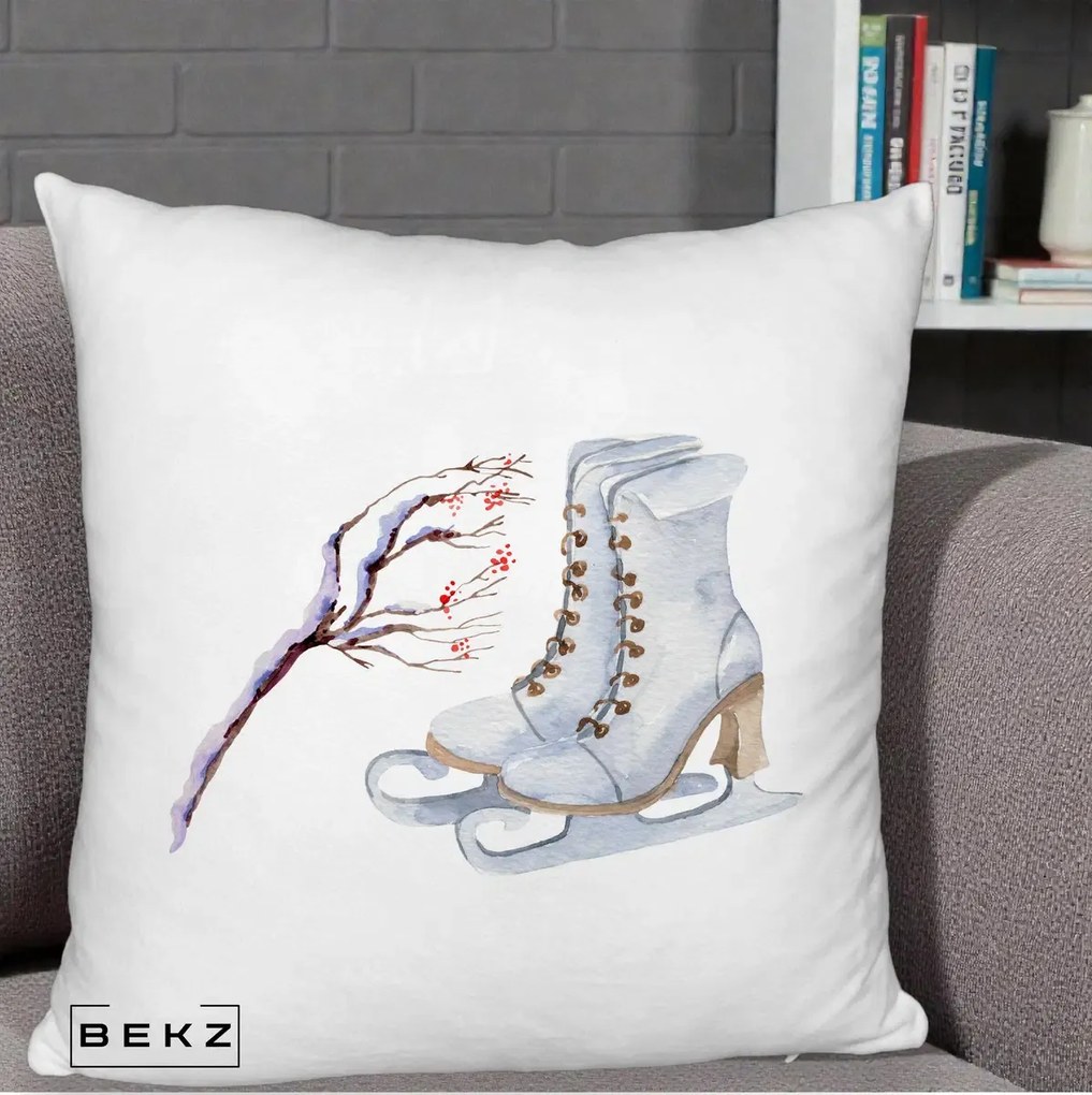 Perna Decorativa Patine cu Ramuri Inzapezite, 40x40 cm, Alb Pufos, Husa Detasabila, Perna Inclusa, BEKZ®