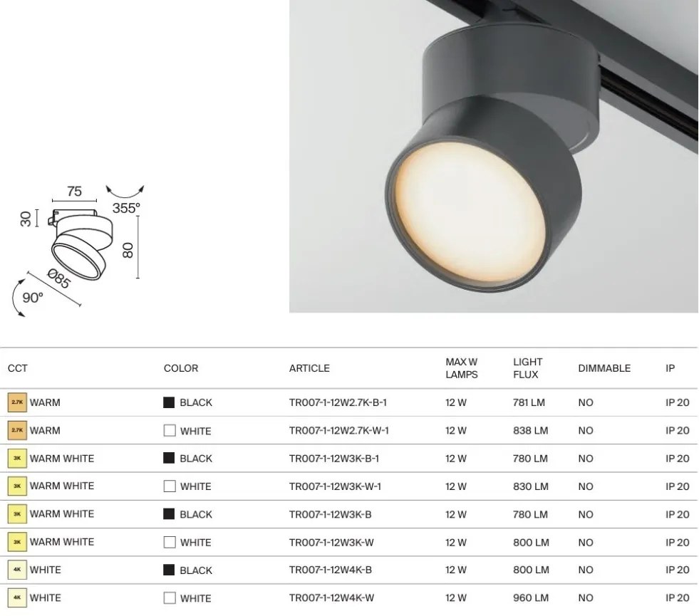 Spot LED, accesoriu pentru sinele monofazate Unity, Onda alb 12W 3000K