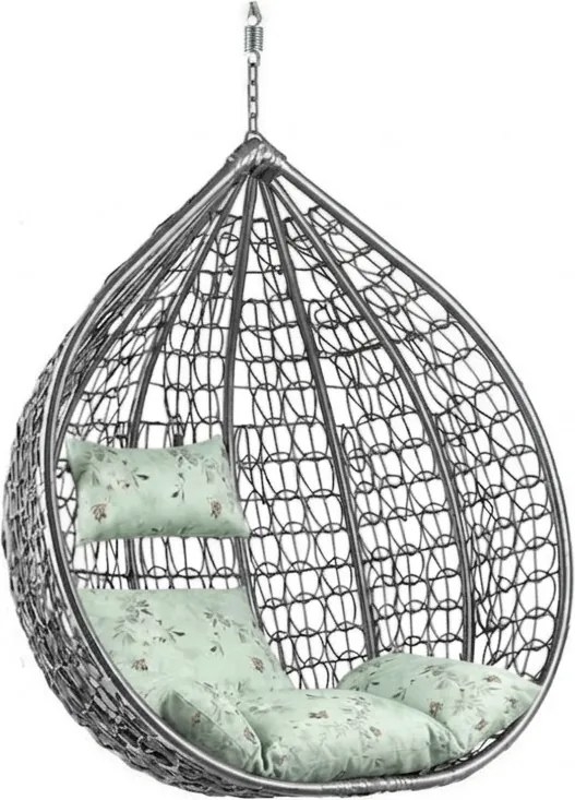Fotoliu suspendat KOKON gri fara suport, perna verde deschis cu model