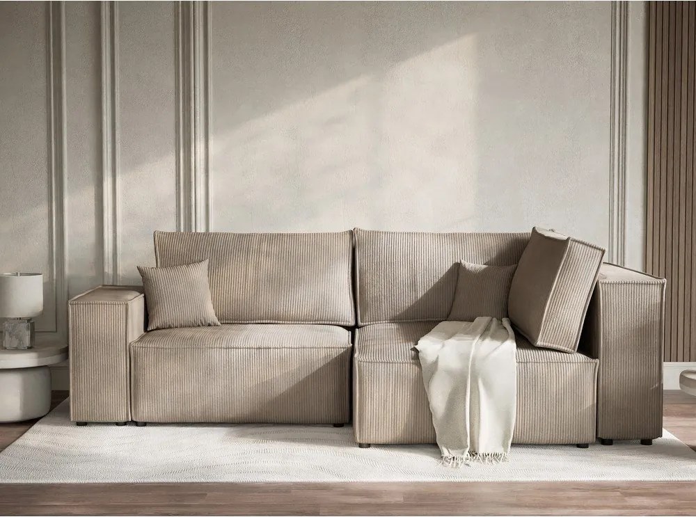 Colțar bej extensibil/cu spațiu de depozitare cu tapițerie din catifea reiată (cu colț pe partea dreaptă/în formă de ”L”) Tonga – Maison de Rêve