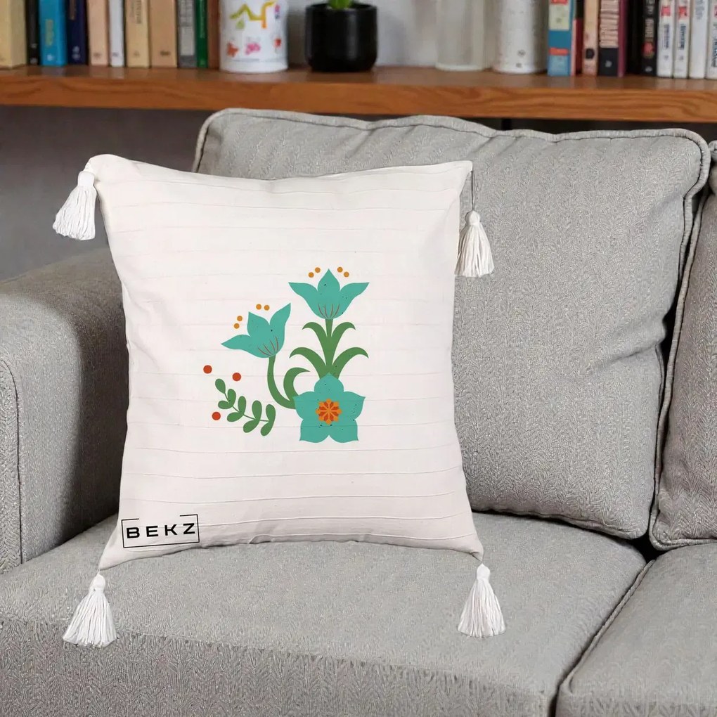 Perna Decorativa Flori Stilizate Folk Turcoaz, 40x40 cm, Bej cu Franjuri, Husa Detasabila, Perna Inclusa, BEKZ®