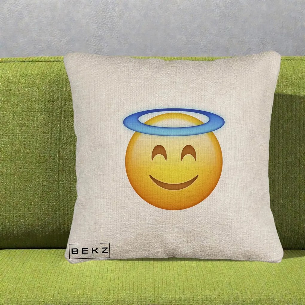Perna Decorativa Emoji Inger cu Aureola, 40x40 cm, Bej Canapea, Husa Detasabila, Perna Inclusa, BEKZ®