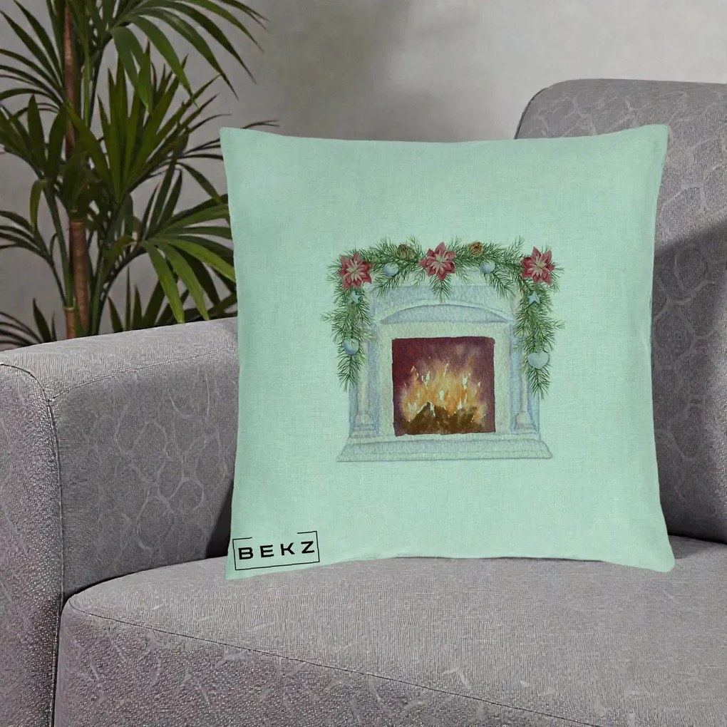 Perna Decorativa Semineu de Craciun Watercolor, 40x40 cm, Verde Menta, Husa Detasabila, Perna Inclusa, BEKZ®