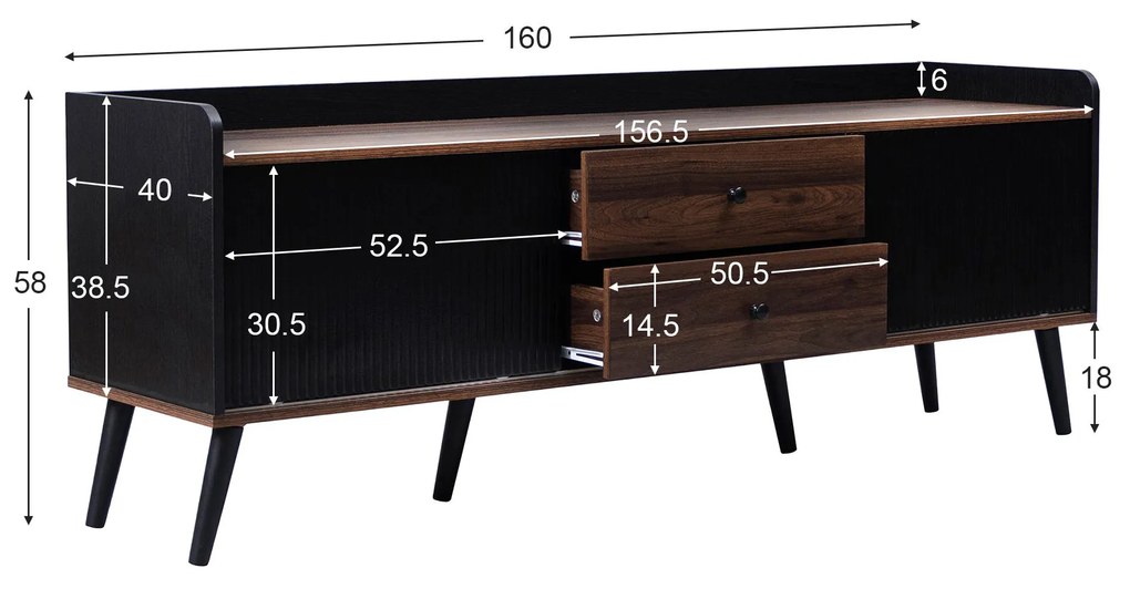 Comodă TV cu 2 sertare, uși glisante cu dungi și picioare stabile din lemn, 160x40x58 cm, Negru